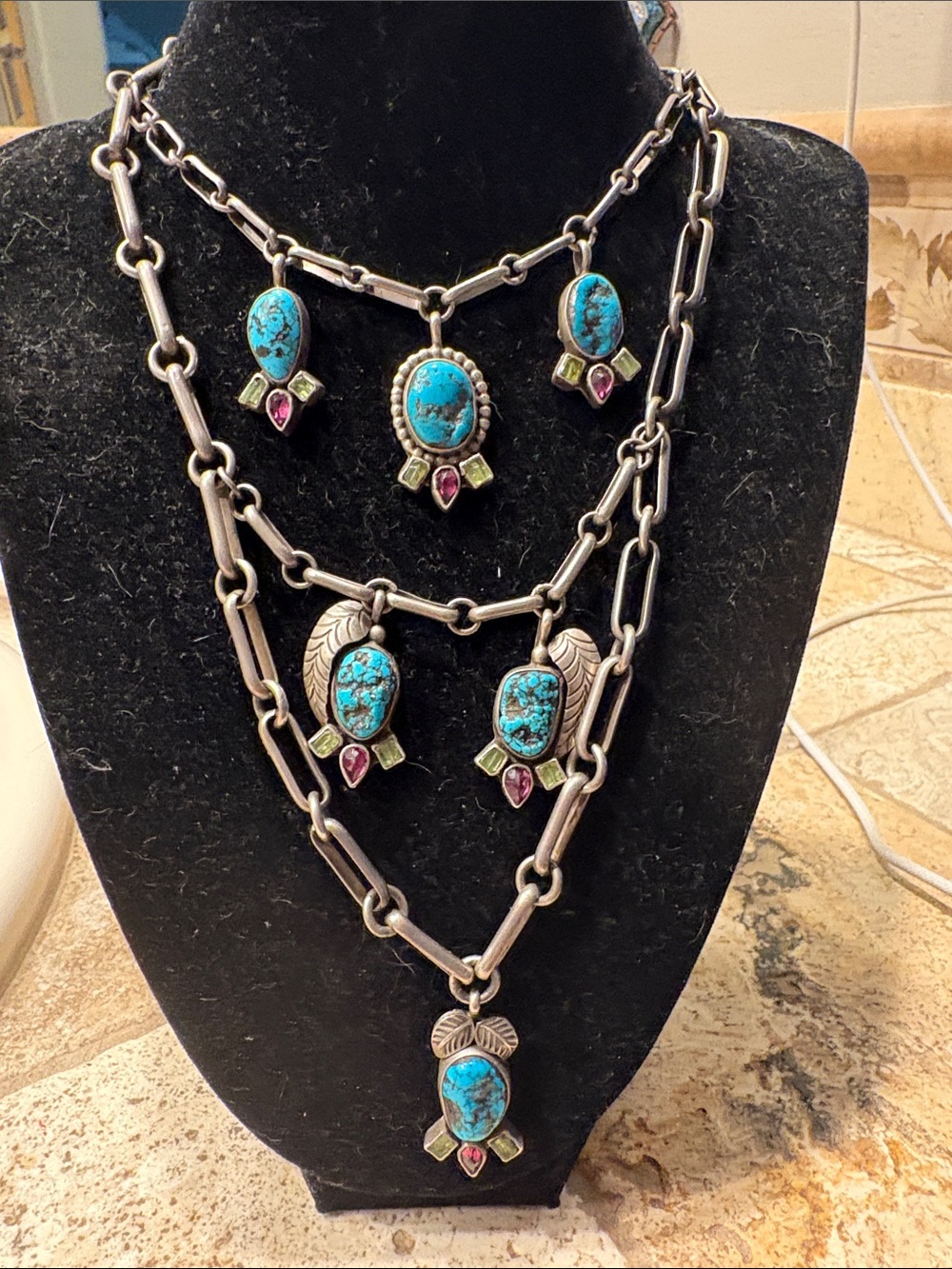 Navajo turquoise, peridot, rhodochrosite necklace